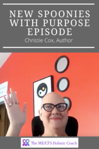 Picture of Christie Cox, saying hello in the podcast pin