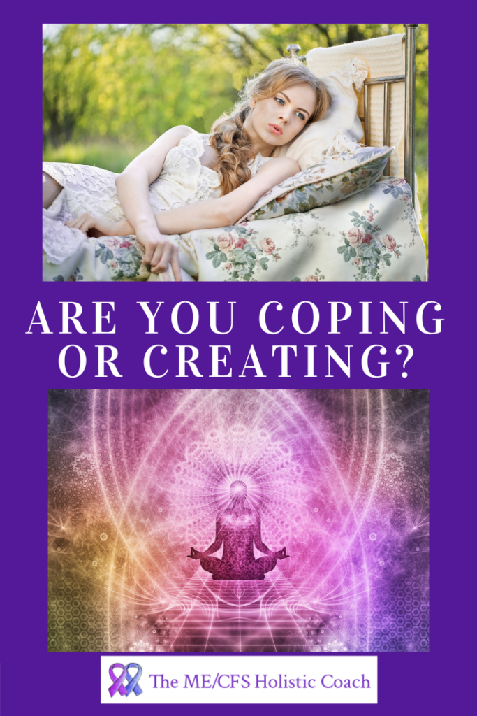 pinterest image showing beautiful woman resting in an outdoor bed and an esoteric image of a person meditation with test saying are you coping or creating